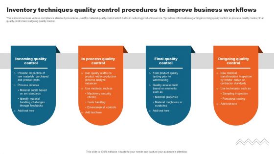 Inventory Techniques Quality Control Procedures To Improve Business Workflows Information PDF