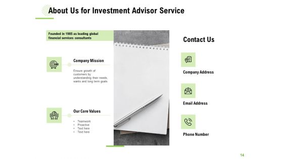 Investment Advisor Service Proposal Ppt PowerPoint Presentation Complete Deck With Slides
