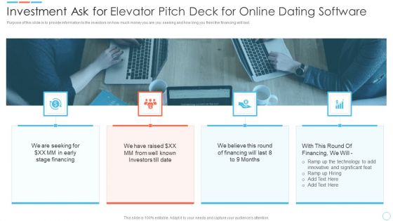 Investment Ask For Elevator Pitch Deck For Online Dating Software Ppt PowerPoint Presentation Gallery Rules PDF Investment Ask For Elevator Pitch Deck For Online Dating Software Ppt PowerPoint Presentation Gallery Rules PDF