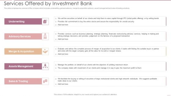 Investment Banking Security Underwriting Pitchbook Services Offered By Investment Bank Designs PDF