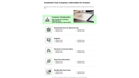 Investment Club Companys Information For Investors One Pager Documents Investment Club Companys Information For Investors One Pager Documents