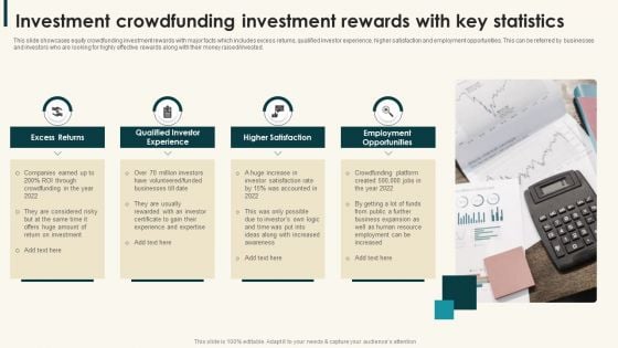 Investment Crowdfunding Investment Rewards With Key Statistics Template PDF