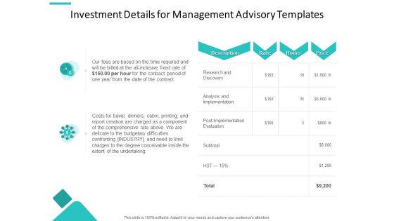 Investment Details For Management Advisory Templates Ppt PowerPoint Presentation Layouts PDF