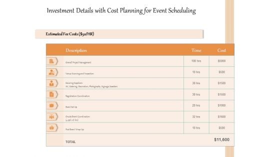 Investment Details With Cost Planning For Event Scheduling Ppt PowerPoint Presentation Icon Infographic Template PDF
