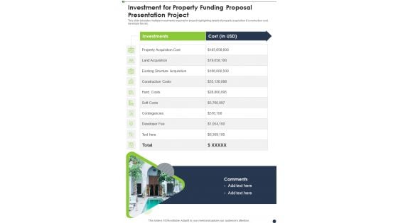 Investment For Property Funding Proposal Presentation Project One Pager Sample Example Document