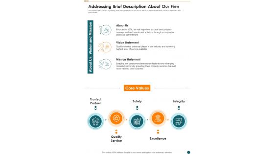 Investment For Real Estate Development Addressing Brief Description About Our Firm One Pager Sample Example Document Investment For Real Estate Development Addressing Brief Description About Our Firm One Pager Sample Example Document
