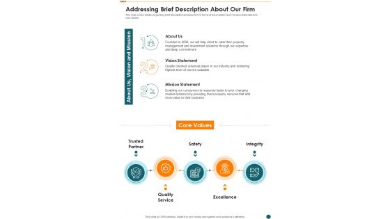 Investment For Real Estate Development Addressing Brief Description About Our Firm One Pager Sample Example Document