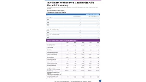 Investment Performance Contribution With Financial Summary One Pager Documents