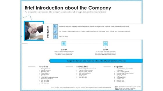 Investment Pitch To Generating Capital From Mezzanine Credit Brief Introduction About The Company Demonstration PDF