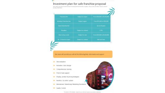 Investment Plan For Cafe Franchise Proposal One Pager Sample Example Document