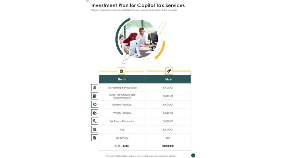 Investment Plan For Capital Tax Services One Pager Sample Example Document