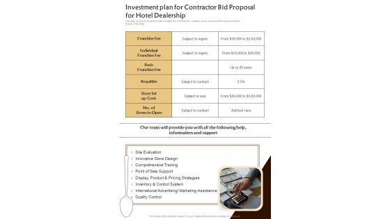 Investment Plan For Contractor Bid Proposal For Hotel Dealership One Pager Sample Example Document
