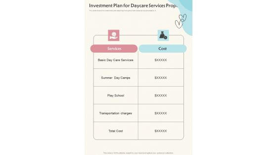 Investment Plan For Daycare Services Proposal One Pager Sample Example Document