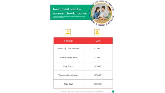 Investment Plan For Nursery School Proposal One Pager Sample Example Document