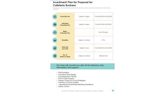 Investment Plan For Proposal For Cafeteria Business One Pager Sample Example Document
