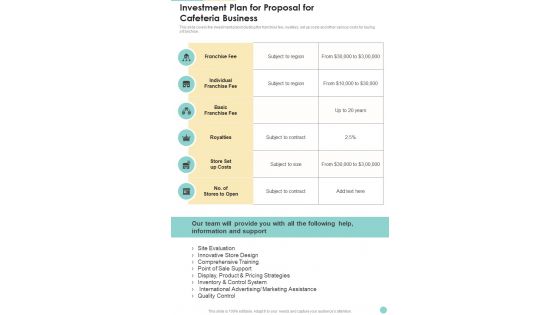 Investment Plan For Proposal For Cafeteria Business One Pager Sample Example Document Investment Plan For Proposal For Cafeteria Business One Pager Sample Example Document