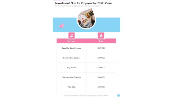 Investment Plan For Proposal For Child Care One Pager Sample Example Document