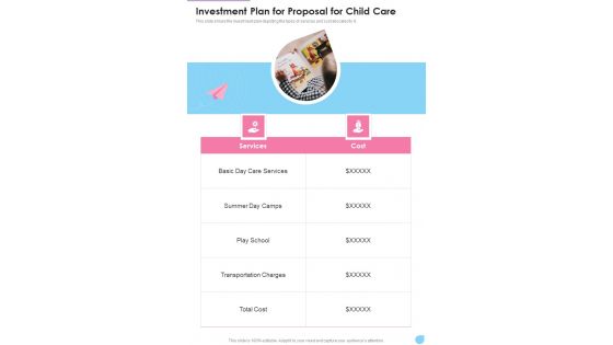 Investment Plan For Proposal For Child Care One Pager Sample Example Document Investment Plan For Proposal For Child Care One Pager Sample Example Document