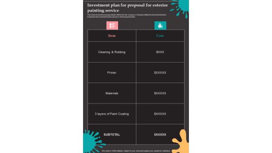 Investment Plan For Proposal For Exterior Painting Service One Pager Sample Example Document