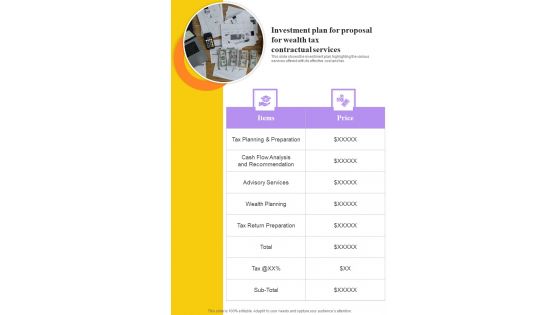 Investment Plan For Proposal For Wealth Tax Contractual Services One Pager Sample Example Document Investment Plan For Proposal For Wealth Tax Contractual Services One Pager Sample Example Document