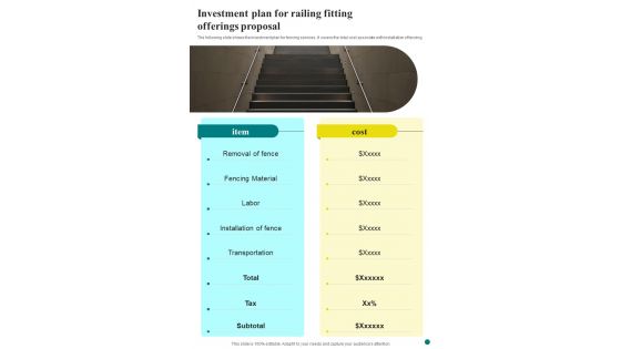 Investment Plan For Railing Fitting Offerings Proposal One Pager Sample Example Document