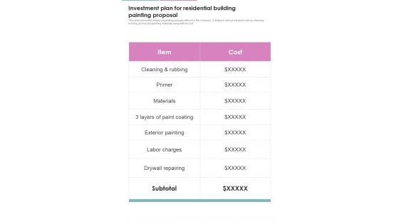 Investment Plan For Residential Building Painting Proposal One Pager Sample Example Document Investment Plan For Residential Building Painting Proposal One Pager Sample Example Document