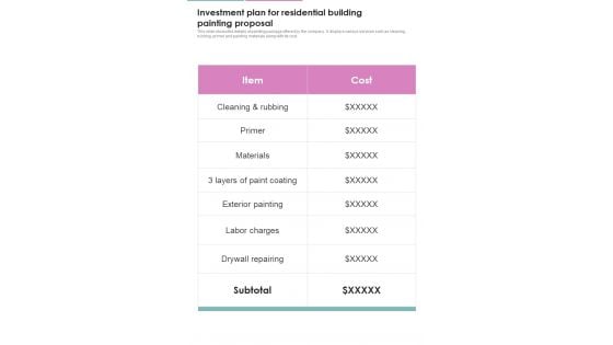 Investment Plan For Residential Building Painting Proposal One Pager Sample Example Document