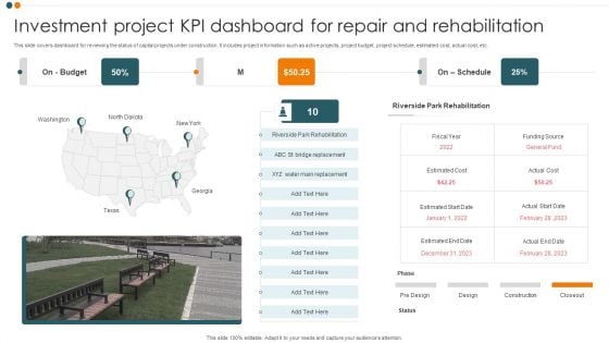 Investment Project KPI Dashboard For Repair And Rehabilitation Sample PDF