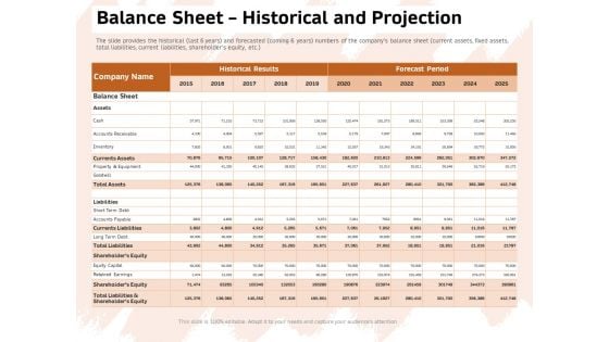 Investor Deck For Capital Generation From Substitute Funding Options Balance Sheet Historical And Projection Formats PDF