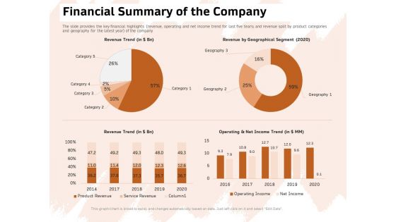 Investor Deck For Capital Generation From Substitute Funding Options Financial Summary Of The Company Mockup PDF