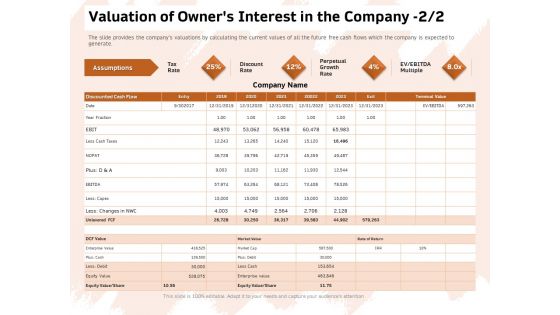 Investor Deck For Capital Generation From Substitute Funding Options Valuation Of Owners Interest In The Company Equity Summary PDF