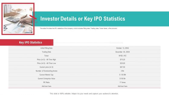 Investor Details Or Key IPO Statistics Ppt Layouts Infographic Template PDF