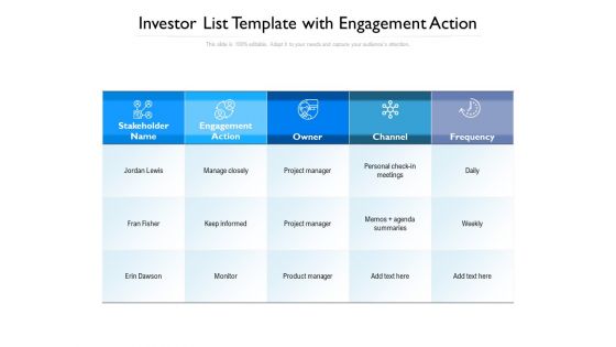 Investor List Template With Engagement Action Ppt PowerPoint Presentation Gallery Good PDF