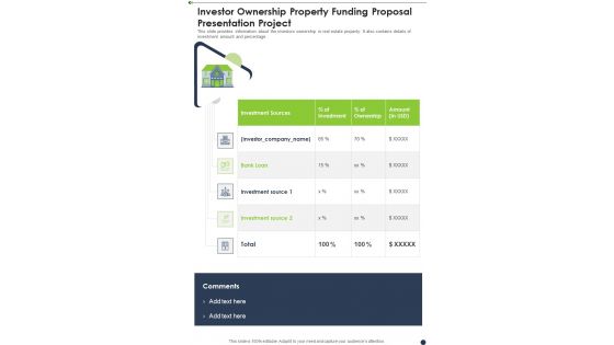 Investor Ownership Property Funding Proposal Presentation Project One Pager Sample Example Document Investor Ownership Property Funding Proposal Presentation Project One Pager Sample Example Document