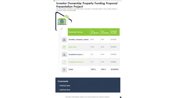 Investor Ownership Property Funding Proposal Presentation Project One Pager Sample Example Document