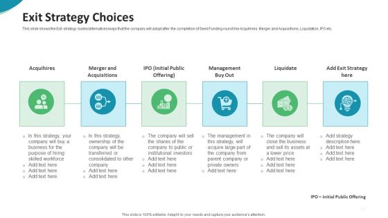 Investor Pitch Deck For Seed Funding From Private Investor Exit Strategy Choices Microsoft PDF