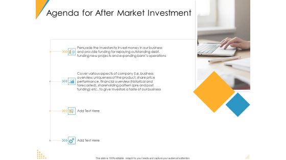 Investor Pitch Deck Post Market Financing Agenda For After Market Investment Designs PDF