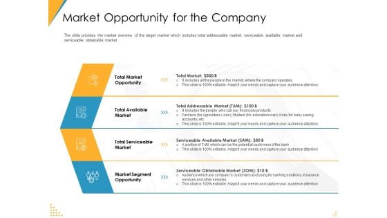 Investor Pitch Deck Post Market Financing Market Opportunity For The Company Icons PDF