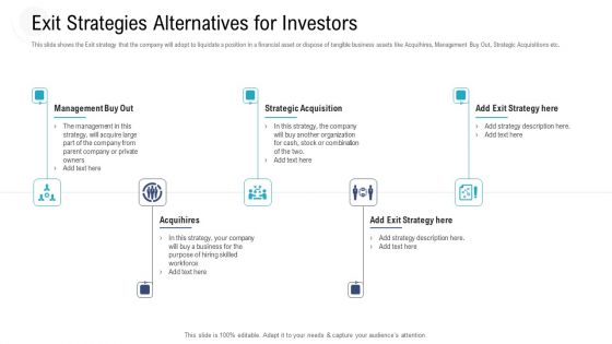 Investor Pitch Deck Procure Federal Debt From Banks Exit Strategies Alternatives For Investors Icons PDF