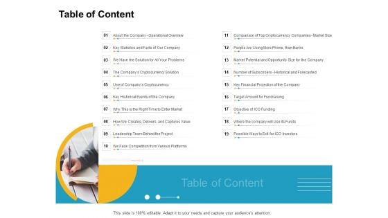 Investor Pitch Deck Raise Finances Initial Coin Offering Table Of Content Information PDF