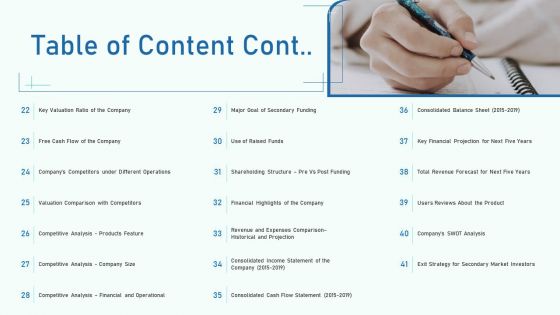 Investor Pitch Deck To Collect Capital From Private Equity Secondaries Table Of Content Cont Structure PDF