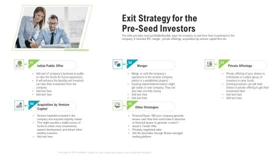 Investor Pitch Deck To Generate Capital From Pre Seed Round Exit Strategy For The Pre Seed Investors Structure PDF