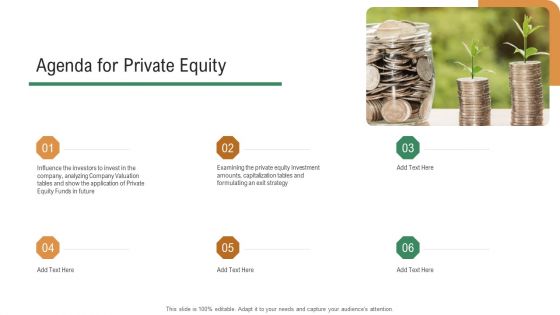 Investor Pitch Deck To Generate Venture Capital Funds Agenda For Private Equity Ppt Infographics Good PDF