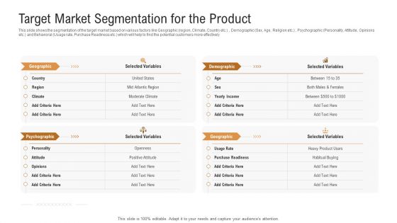 Investor Pitch Deck To Generate Venture Capital Funds Target Market Segmentation For The Product Mockup PDF
