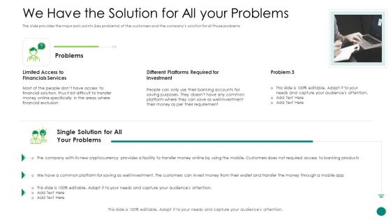 Investor Pitch Gain Funding From ICO We Have The Solution For All Your Problems Designs PDF