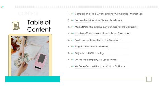 Investor Pitch Ppt For Crypto Funding Table Of Content Target Guidelines PDF