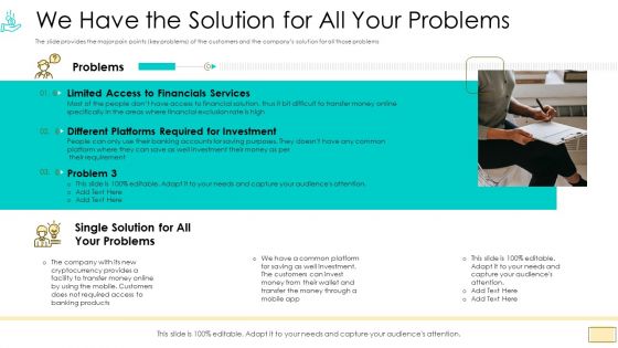 Investor Pitch Ppt For Crypto Funding We Have The Solution For All Your Problems Pictures PDF