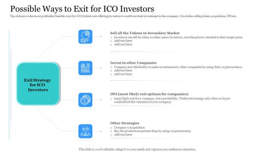 Investor Pitch Ppt Raise Finances Crypto Initial Public Offering Possible Ways To Exit For ICO Investors Template PDF