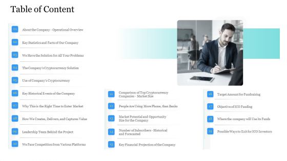 Investor Pitch Ppt Raise Finances Crypto Initial Public Offering Table Of Content Ideas PDF