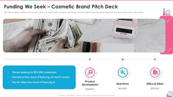 Investor Pitch Presentation For Beauty Product Brands Funding We Seek Cosmetic Brand Pitch Deck Background PDF